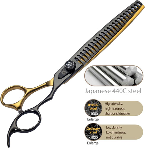 Fenice Peak 7'' Black Dog Grooming Scissors - Golden Chunker Blending Shears with Ergonomic Offset Handle