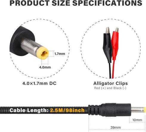 KSK 98-Inch Chew-Resistant Power Cord for Trail Cameras with Alligator Clips
