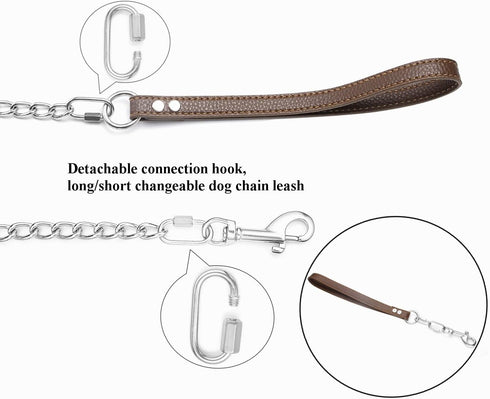 Heavy Duty Dog Chain Leash 4FT/6FT Chew Proof Stainless Steel Link Leash,Training Walking Leash for Large Medium Size Dogs,with Two Connection Clip,Adjustable Long/Short Dog Leash(4FT)
