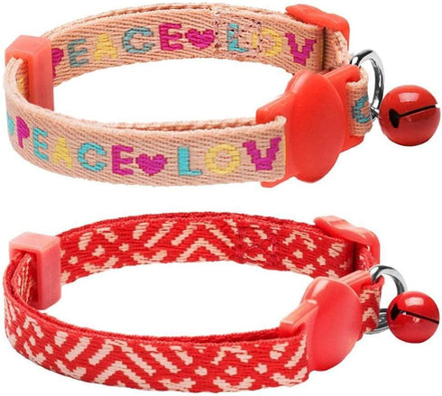 Blueberry Pet Pack of 2 Cat Collars, Adjustable Breakaway with Bell, Love Peace Theme & Salmon Pink Geometry