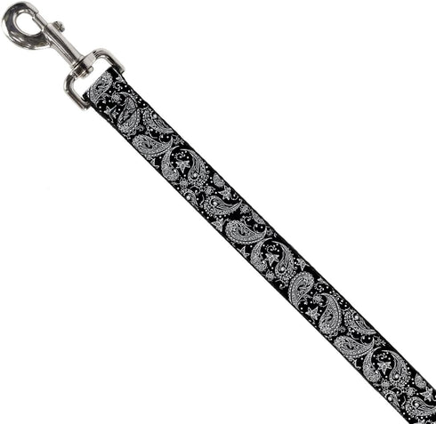 Dog Leash Floral Paisley, Black White 4 Feet Long 1.0 Inch Wide