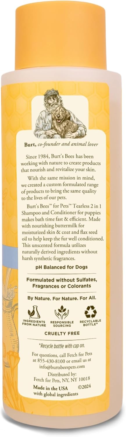 Burt's Bees for Pets 2 in 1 Shampoo and Conditioner, Naturally Derived Tearless for Puppies, 16 Oz, Buttermilk &