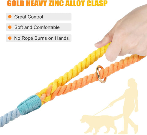 Dog Leash 5 FT, Handmade Braided Cotton Rope for Small, Medium, Large Dogs, Colorful Rainbow with Heavy Duty Clasp