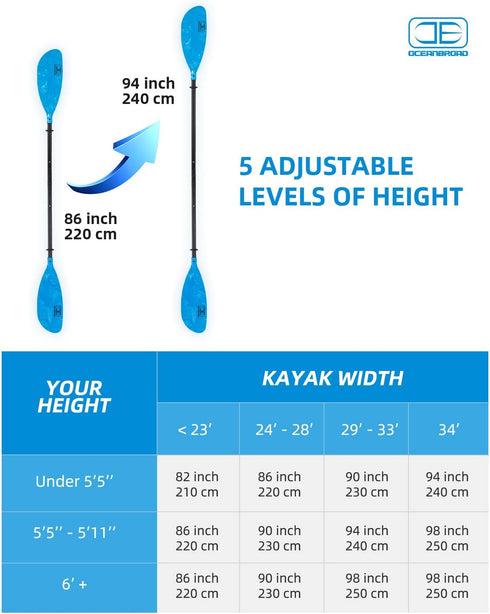 OCEANBROAD Adjustable Kayak Paddle - 86in/220cm to 94in/240cm Kayaking Oar with Paddle Leash