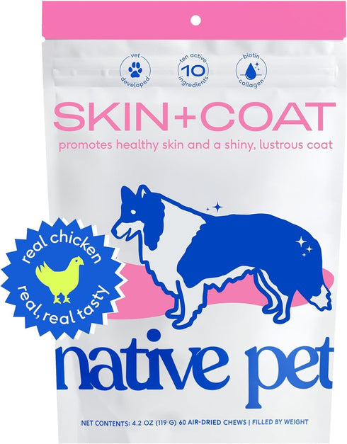 Native Pet Skin and Coat Chews for Dogs, 120 Chews - Wild-Caught Salmon Oil for Shedding & Hair Loss Treatment