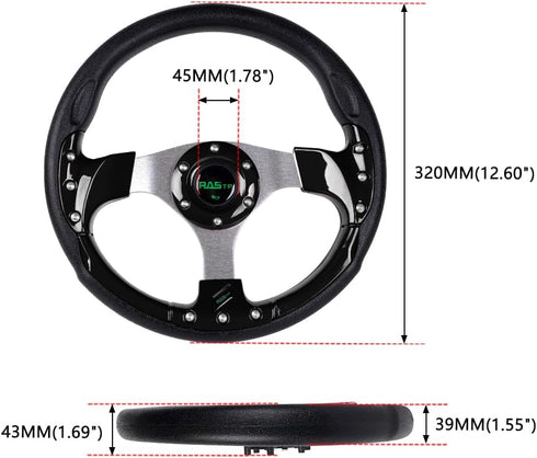 RASTP Golf Cart Steering Wheel 12.6”/320mm for Club Car DS, Club Car Precedent, EZGO, Yamaha Golf Carts, Black