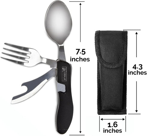 Orblue 4-in-1 Camping Utensils, 2-Pack Portable Stainless Steel Spoon, Fork, Knife & Bottle Opener Combo