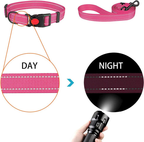 Reflective Dog Collar and Leash Set, Adjustable Nylon Pet Collars for Small Medium Large Dogs, Hot Pink & Size S