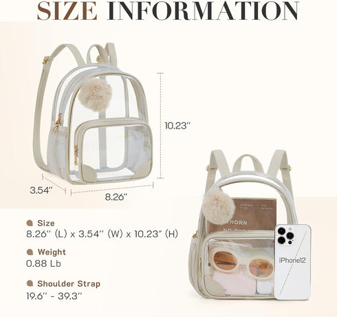 Backpack Missnine Small Clear for Stadium Events Anti-theft Mini Clear Bag for Sport Event Concert with Cute Pom-pom