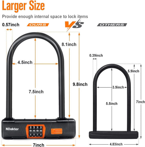 NDakter Heavy Duty Bike Locks, Combo U Lock with 5Ft Steel Cable for Electric Bike