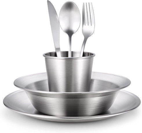 Odoland Camping Complete Messware Kit - Polished Stainless Steel Camp Dinnerware, Cutlery Organizer Set