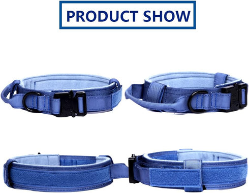 Adjustable Tactical Dog Collar with Heavy Duty Metal Buckle and Handle for Dog Training (Dark Blue, M)