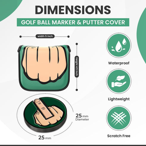 Green Middle Finger Golf Putter Head Covers & Ball Marker - Premium Protector with Magnetic Closure | Funny Golf Gifts