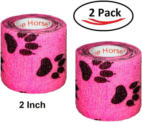 Vet Wrap Tape (Pink with Paw Prints) (2 Pack) (2 Inch x 15 feet) Self Adhesive Cohesive Bandage for Pets