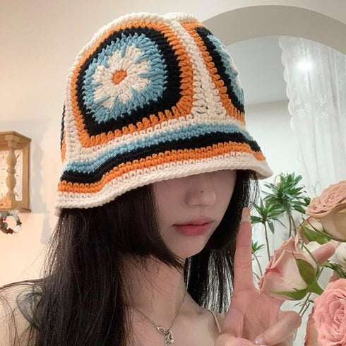 Handmade Crochet Knitted Bucket Hat Summer Floral Beanies Cap (Orange)