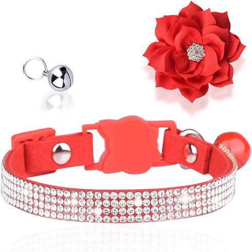 Pimaodog Rhinestones Dog Collar, Cute Dazzling Soft Suede Leather Pet Collar with Bell, Red Crystal Jeweled Necklace