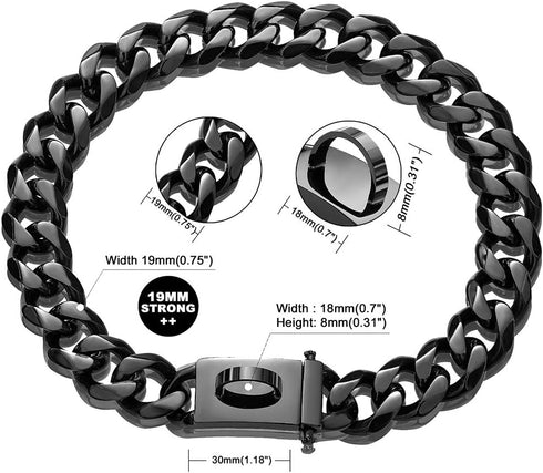 Dog Chain Collar with Secure Buckle, 19MM Black Cuban Link, Heavy Duty Chew Proof Walking Training Collar (19MM, 24")