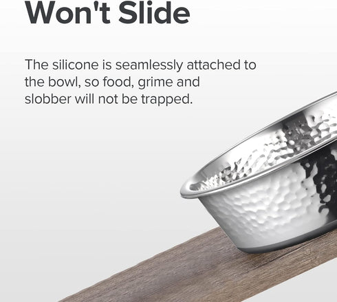2 Pack Hammered Stainless Steel Dog Bowls - Premium Non-Slip Metal Bowls, Dishwasher Safe, 8 Cup, Gray Bottom