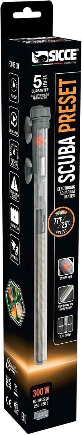 Sicce Scuba 300 Watt Aquarium Fish Tank Heater, Preset at 77? for Up to 90 Gallons, Submersible