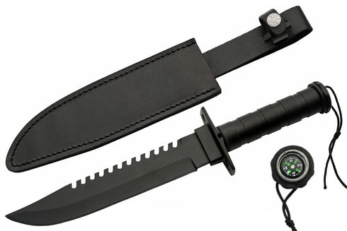 SZCO Supplies 14” Black Steel Handle Sawback Knife - Outdoor Activity/Survival Knife with Leather Sheath, 203442-BK