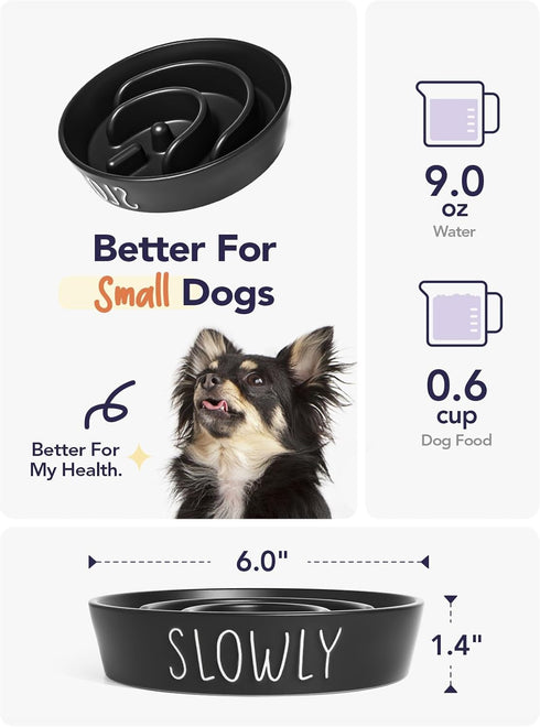 Ceramic Slow Feeder Dog Bowls for Small Breeds, 0.6 Cups Puzzle Bowl for Fast Eaters, Black Dog Food Dish