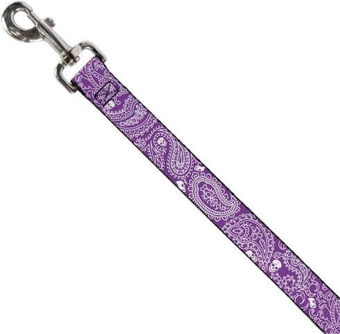 Dog Leash Bandana Skulls, Purple White, 6 Feet Long, 0.5 Inch Wide