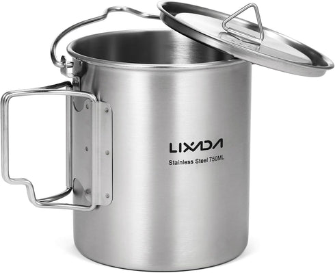 LIXADA Camping Cup Pot - 750ml Stainless Steel Water Cup with Foldable Handles and Lid for Outdoor Use