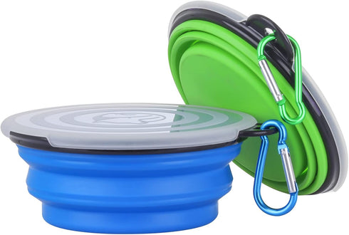 Collapsible Dog Bowl, 2 Pack Portable Foldable Pet Travel Bowls with Lids (Small, Blue+Green)