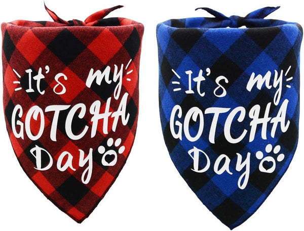 2 Pack It’s My Gotcha Day Print Dog Birthday Bandana - Red and Blue Scarf Bibs Accessories for Pet Birthday Gift