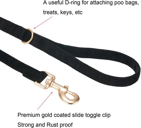Soft Cotton Dog Leash - 5 Ft Heavy Duty Corduroy Leash with Gold Metal Hook for Small Medium Large Dogs, Black