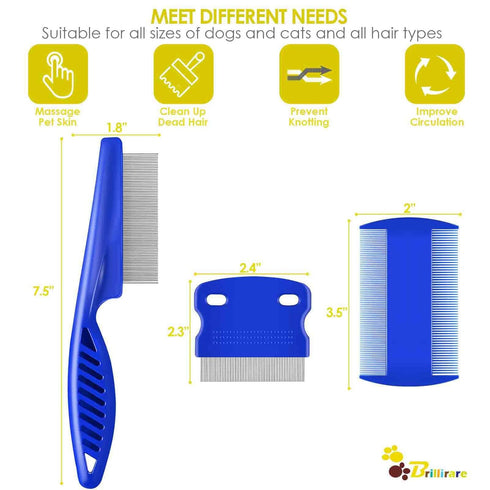 6 Pack Flea Lice Comb, Stainless Steel Dog Cat Grooming Combs, 2-in-1 Double Sided Tear Stain Remover for Pets