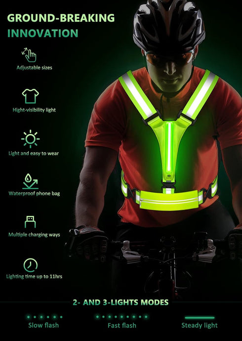 LED Reflective Running Vest, USB Rechargeable Light Up Gear with Chest Phone Holder for Night Walking, Adjustable for