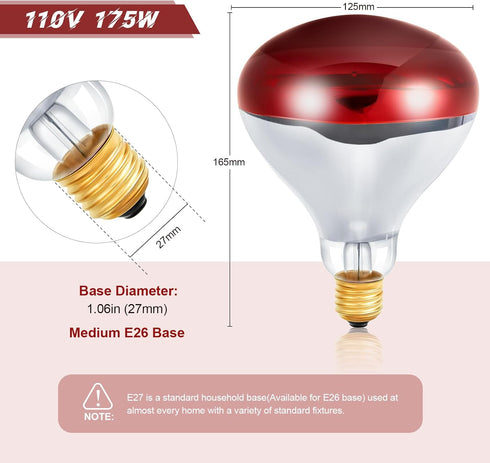 6 110V 175W Bulbs E26 Bulbs Treela Pcs Red Infrared Medium Base, Red Heat Lamp Flood Light Heat Light for Bathroom