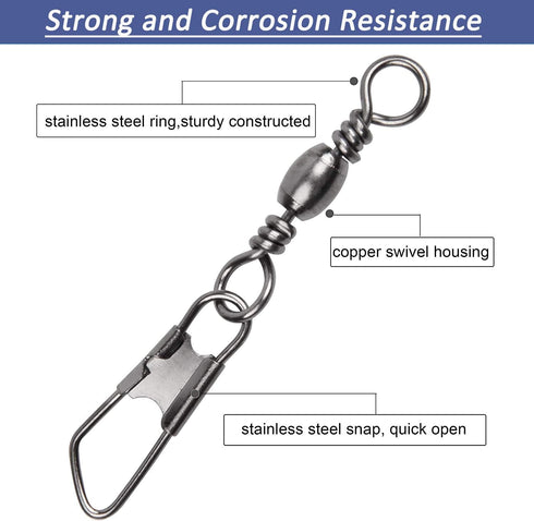JSHANMEI Fishing Snap Swivels Rolling Barrel Swivels with Safety Snaps, Black Nickel Coated, High Strength Copper