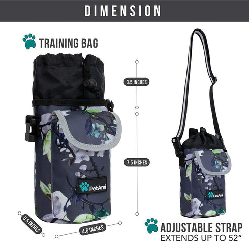 PetAmi Dog Treat Pouch, Large Training Treat Pouch with Pocket, Dog Trainer Essentials Supply Holder (Floral Grey)