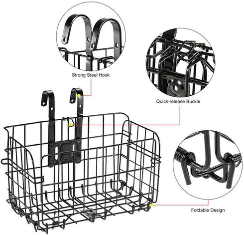 Hamiledyi Folding Bike Basket - Lift-Off Front Bike Basket with Handles, Easy Installation Rear Cargo Rack for Mountain