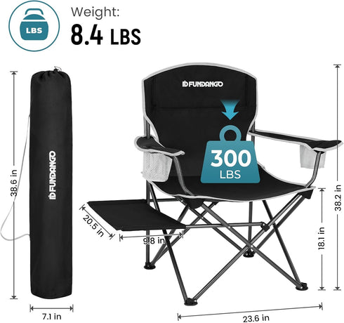 FUNDANGO Folding Camping Chairs for Adults, Oversized Beach Chairs with Table Tray, Heavy Duty Lawn Chair with Cup