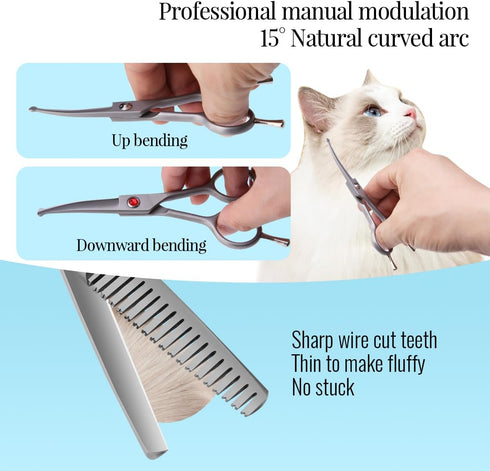 4.5" Dog Grooming Scissors 2 pcs - Curved Scissors for Dog Grooming and Thinning Shears for Small Dog Cat Face Paw