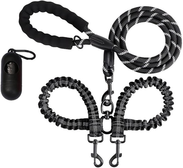 Double Dog Leashes Rope, Reflective with Two Shock Absorbing Bungee Training Leashes for Two Dogs, 360 Swivel