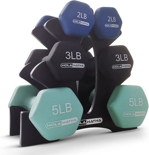 HolaHatha Neoprene Dumbbell Free Hand Weight Set with Rack, 2, 3, 5, 8, and 10 Pound for Home Exercises