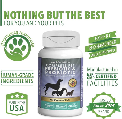Ample Nutrition Complete Pet Prebiotic + Probiotic for Dogs & Cats, 60ct Pork Flavored Pearls