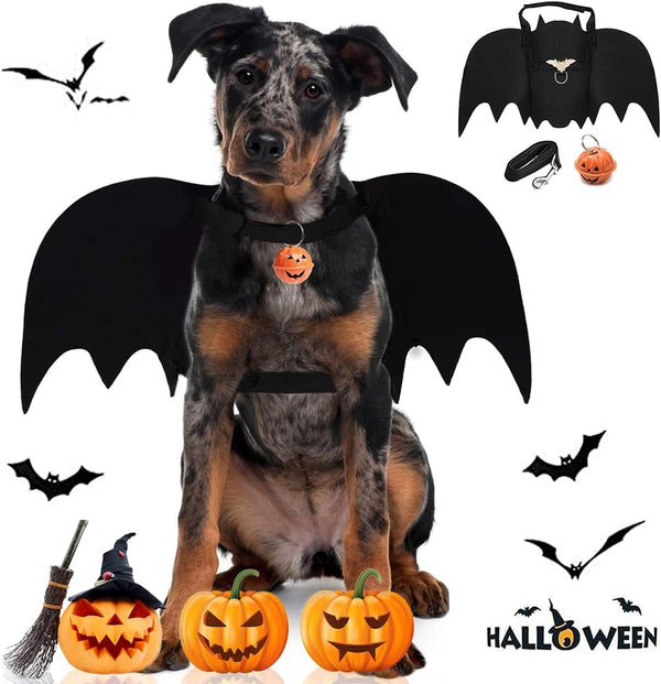 Halloween Dog Costume, Pet Bat Wings for Medium & Large Dogs, Adjustable Bat Wing Cosplay Apparel with Leash and Bells