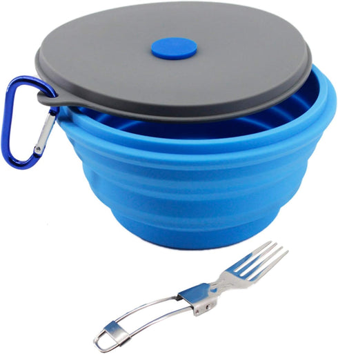 Mr. Peanut's Collapsible Silicone Camping Bowl with Lid & Foldable Fork for Outdoor Use
