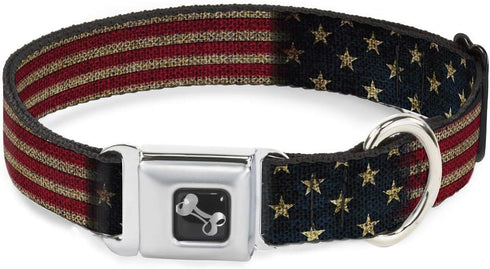 Buckle-Down Seatbelt Buckle Dog Collar - Vintage US Flag Stretch, 1" Wide, Fits 15-26" Neck, Large