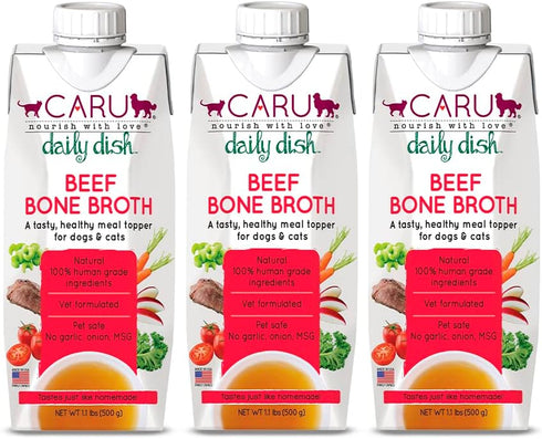 Caru Daily Dish Beef Bone Broth Meal Topper for Dogs & Cats, Savory Pour-Over Broth, 3 Pack