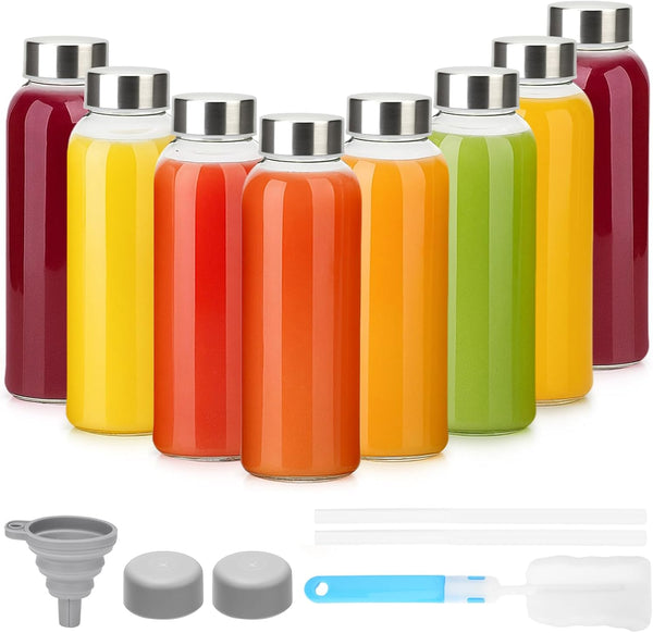 Luxfuel Glass Juice Bottles with Lids 10oz, 8 Pack Reusable Glass Water