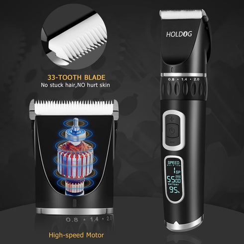 HOLDOG 3-Speed Dog Clippers Professional Heavy Duty Dog Grooming Clipper Low Noise High Power Rechargeable Cordless Pet