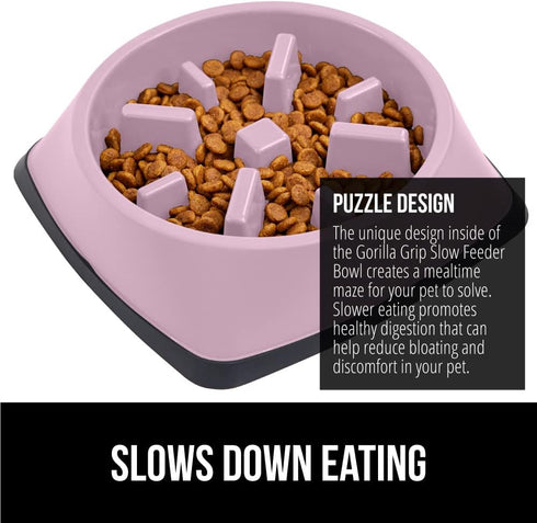 Gorilla Grip Slow Feeder Dog and Cat Bowls, Large, Pink, 4 Cup, 100% BPA Free, Interactive Puzzle Toy