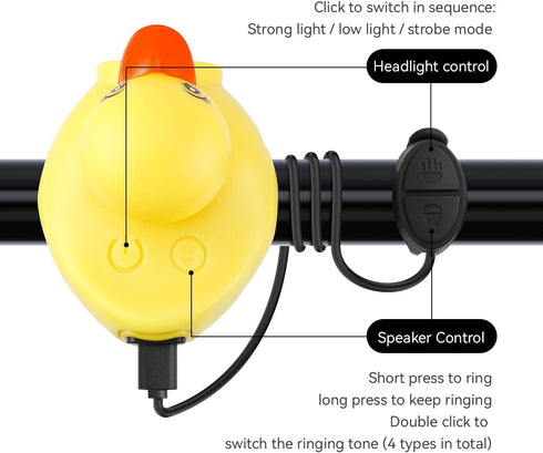 Kids Lovely Yellow Duck Bike Bell, Rubber Bicycle Horn with LED Light - for Children and Adults Outdoor Sport