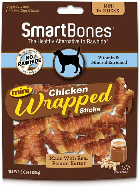 SmartBones Mini Chicken-Wrapped Sticks, 15 Count - Rawhide-Free Chew Made with Real Peanut Butter for Dogs